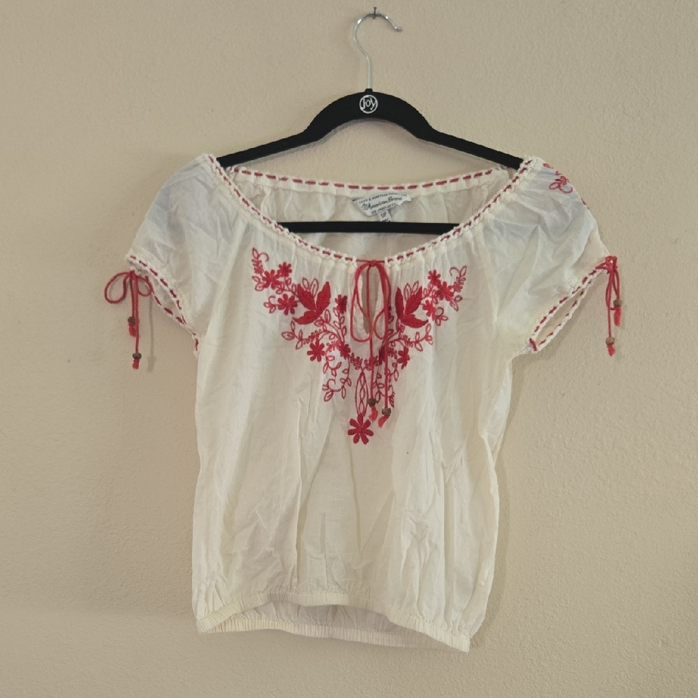 Lucky Brand White Blouse with Red Embroidery